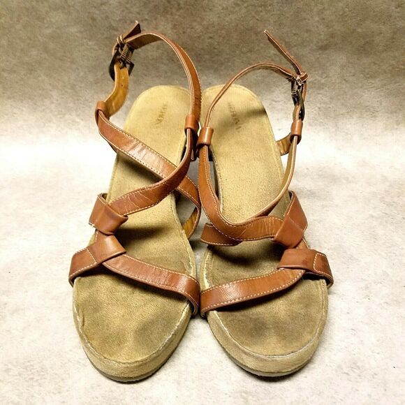 Merona Womens   Size 9 Brown  Open Toe Slingback 4" Wedge Sandals - Picture 2 of 10